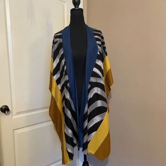 Janice Apparel Cotton Wool Poncho Wrap Gold Black Blue One Size Colorful Classy - Picture 9 of 9